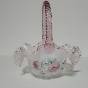 Vtg Fenton Opalescent Raised Garden Trellis Hand Painted Basket Signed By Artist